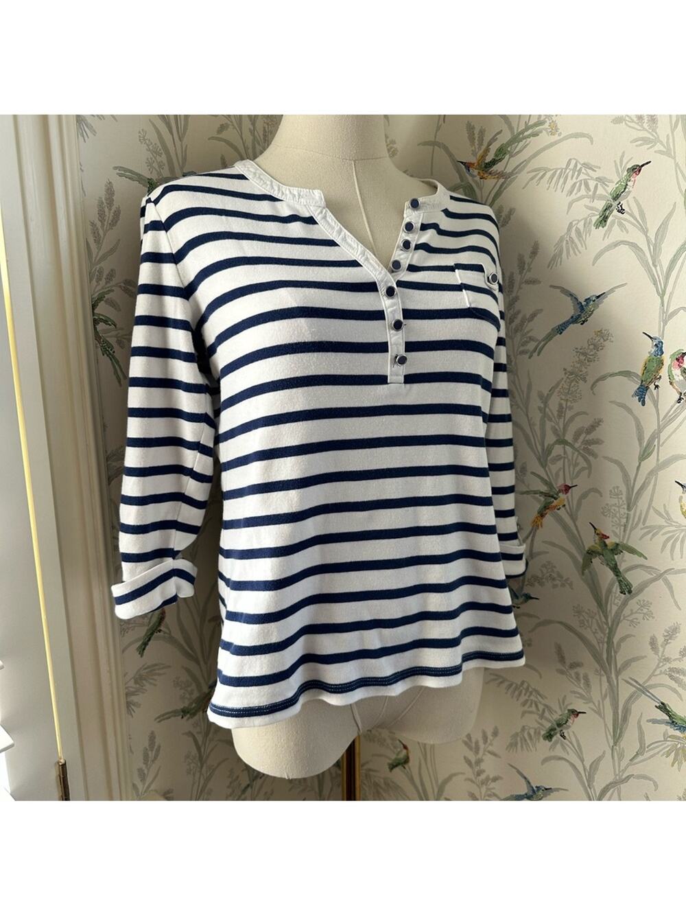 Karen Scott women’s petite medium blue stripe blouse 7/8 sleeves